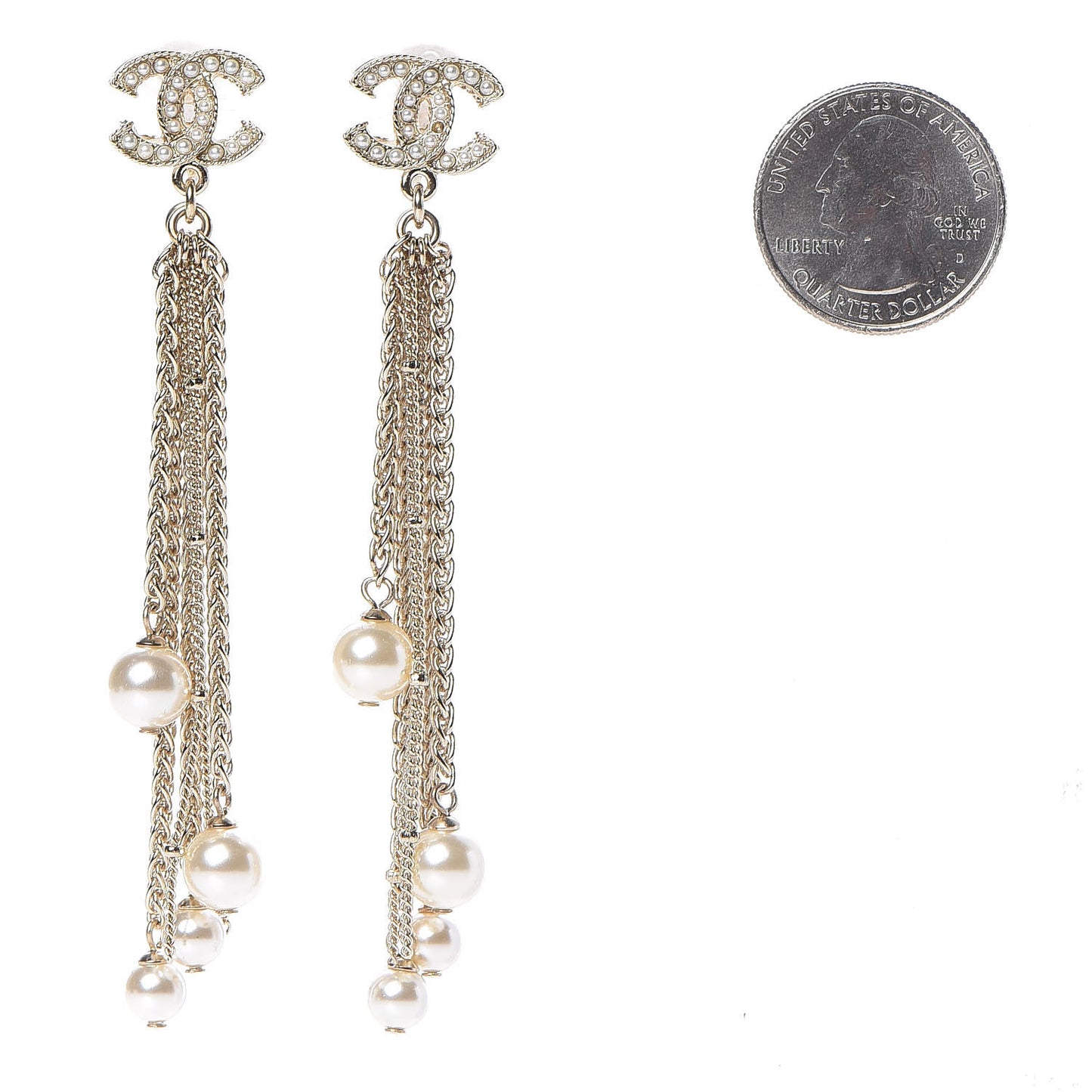 Pearl Chain CC Dangle Clip On Earrings Gold