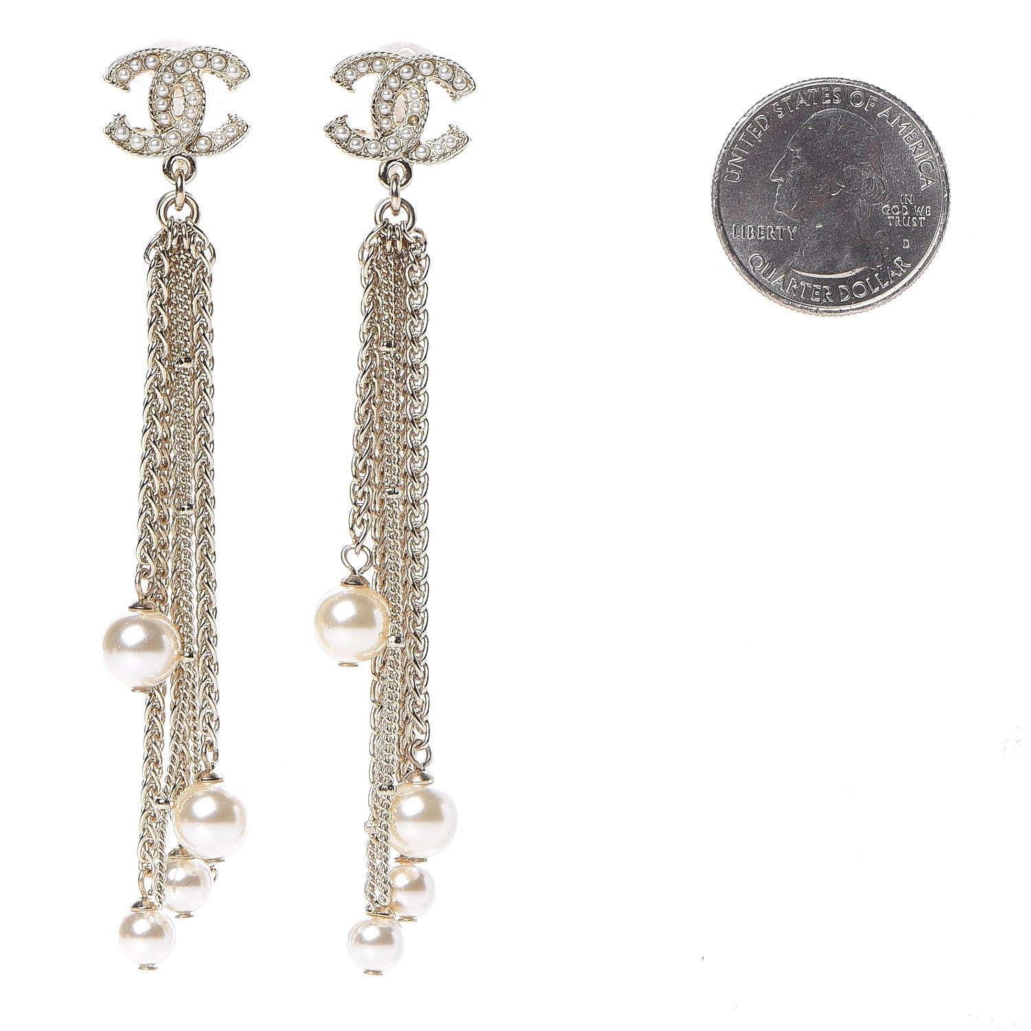Chanel Pearl Chain CC Dangle Clip On Earrings Gold 2 of 5