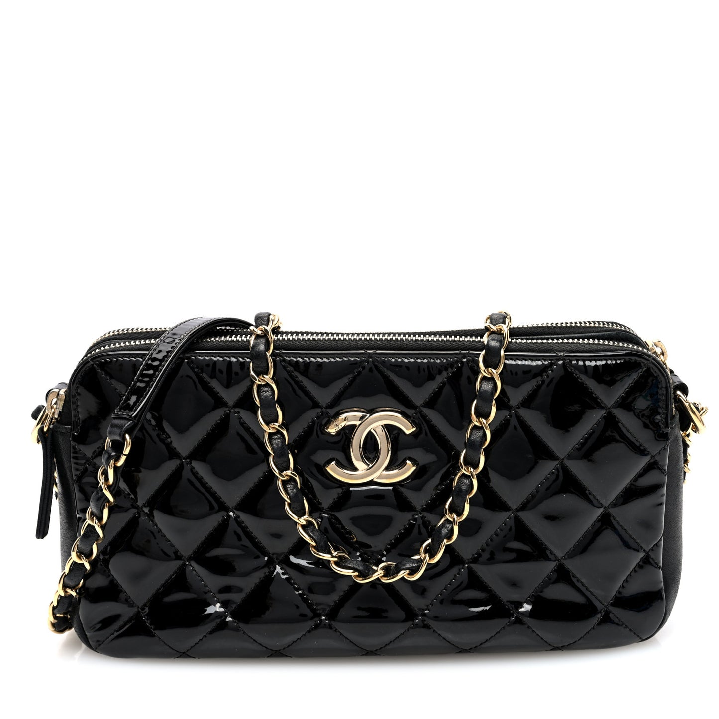 Patent Quilted Crown CC Double Zip Bag Black