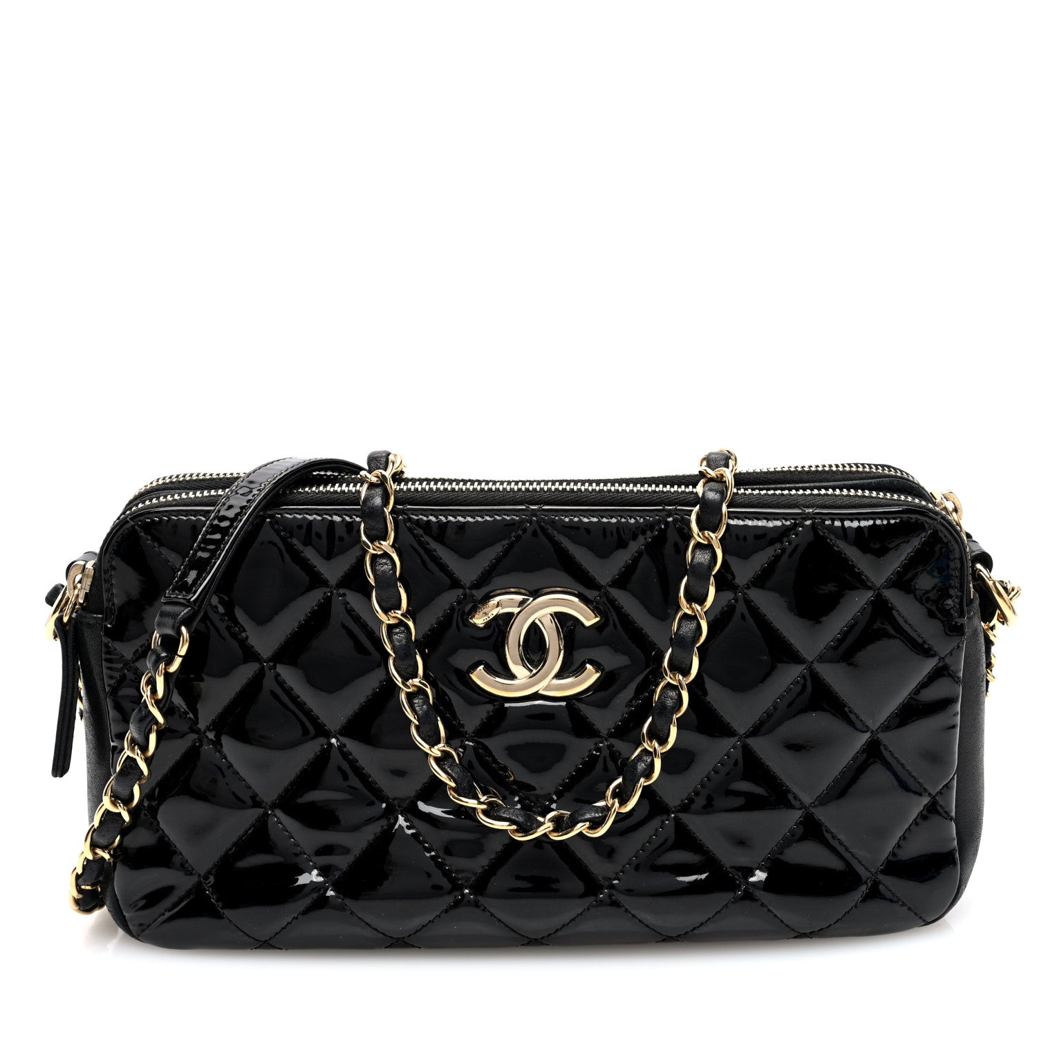 Chanel Patent Quilted Crown CC Double Zip Bag Black 1 of 12