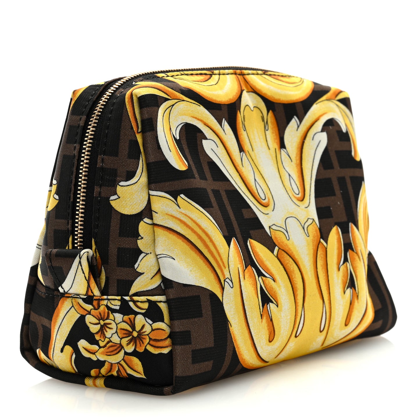 X VERSACE Nylon Fendace FF Baroque Print Small Trapezoid Beauty Pouch Gold
