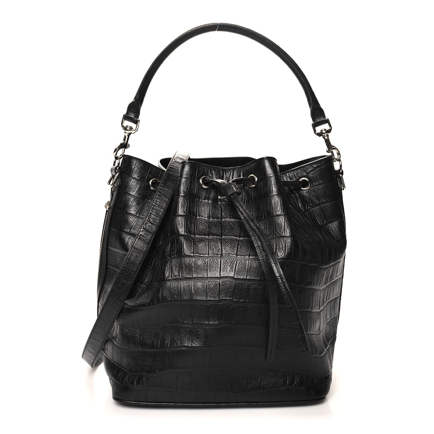 Calfskin Crocodile Embossed Large Emmanuelle Bucket Bag Black