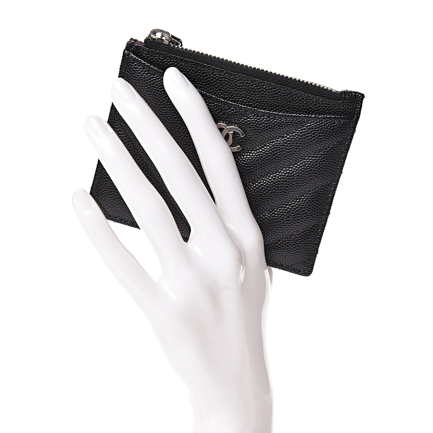 Caviar Chevron Quilted CC Zip Card Holder Black