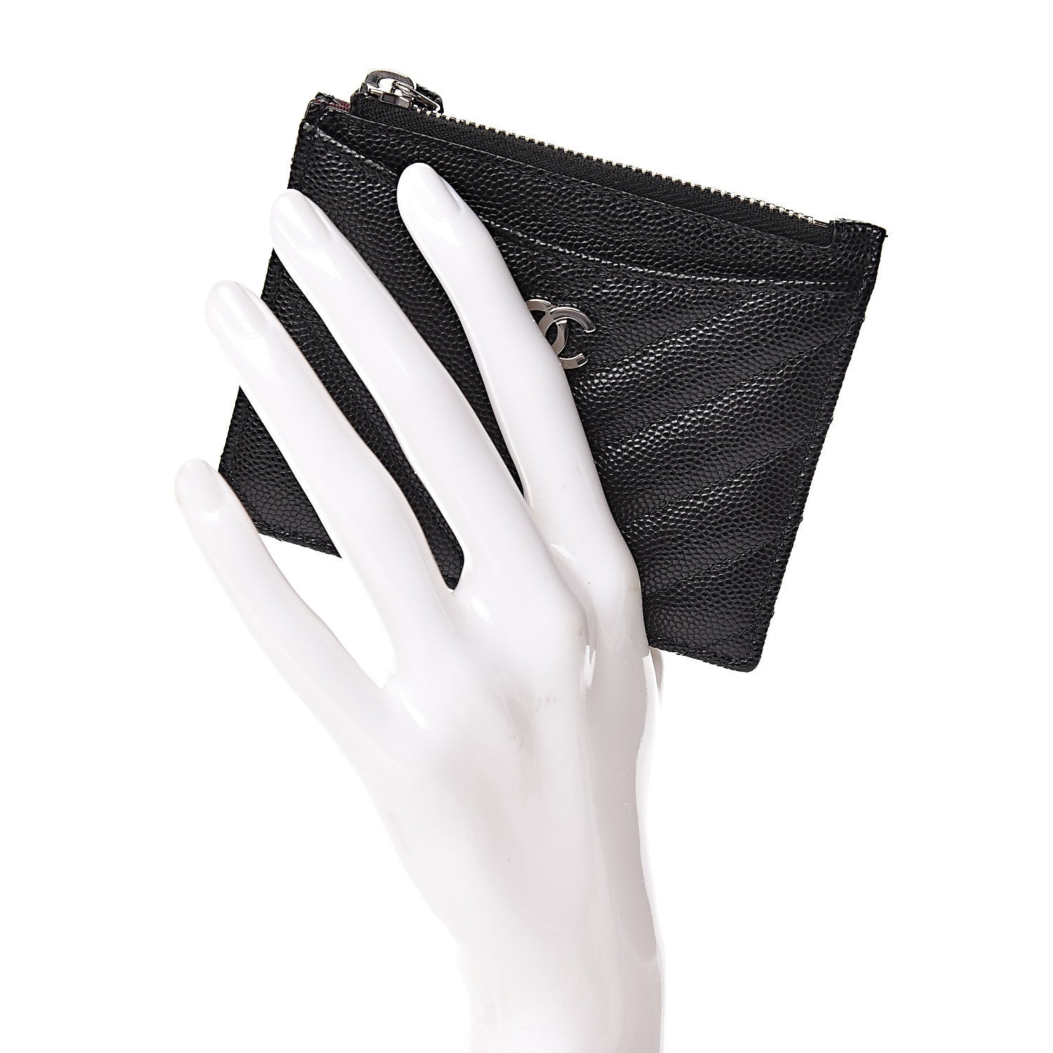 Chanel Caviar Chevron Quilted CC Zip Card Holder Black 2 of 7