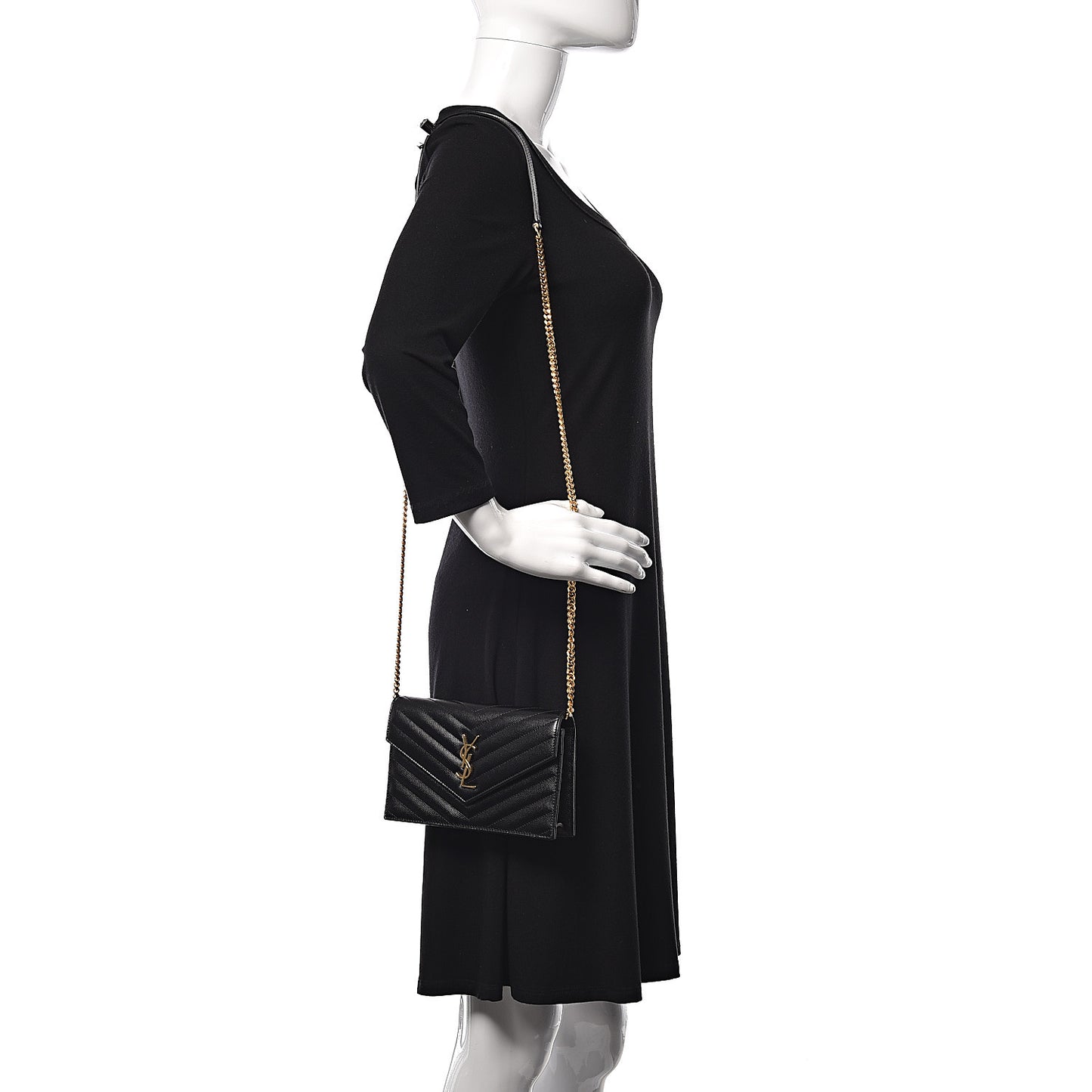 Grain De Poudre Matelasse Chevron Monogram Envelope Chain Wallet Black