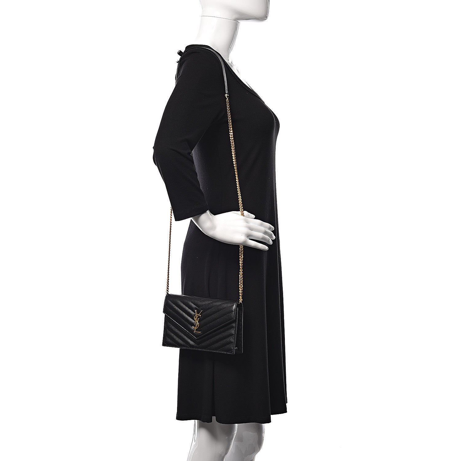 Saint Laurent Grain De Poudre Matelasse Chevron Monogram Envelope Chain Wallet Black 2 of 11