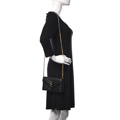 Saint Laurent Grain De Poudre Matelasse Chevron Monogram Envelope Chain Wallet Black 2 of 11