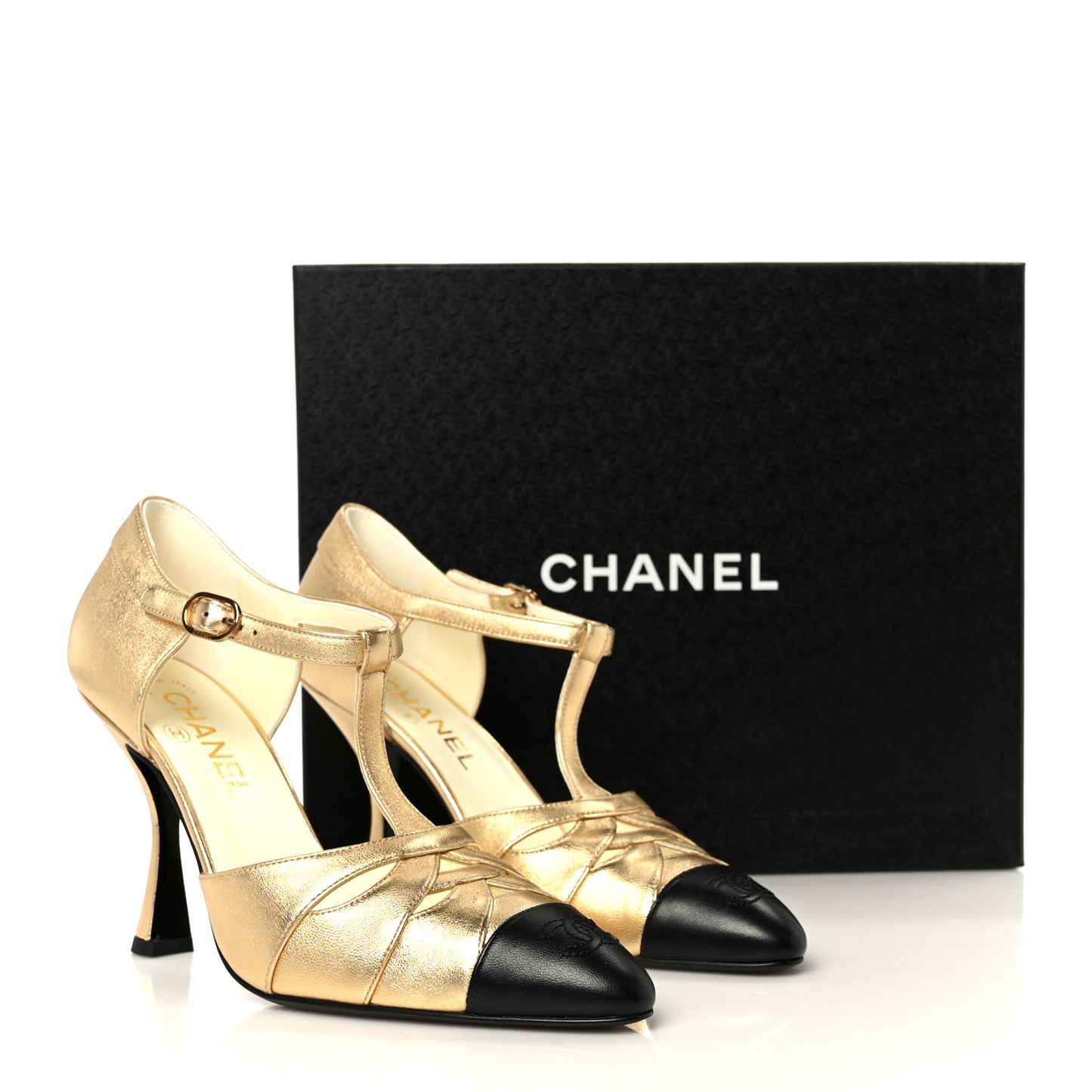 Laminated Lambskin Cap Toe CC Mary Jane Pumps 37.5 Gold Black