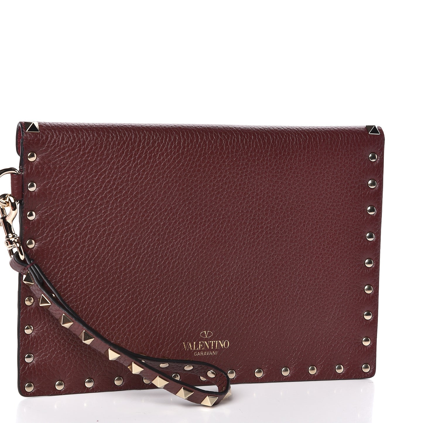 Pebbled Calfskin Medium Rockstud Envelope Flat Wristlet Pouch Rubin