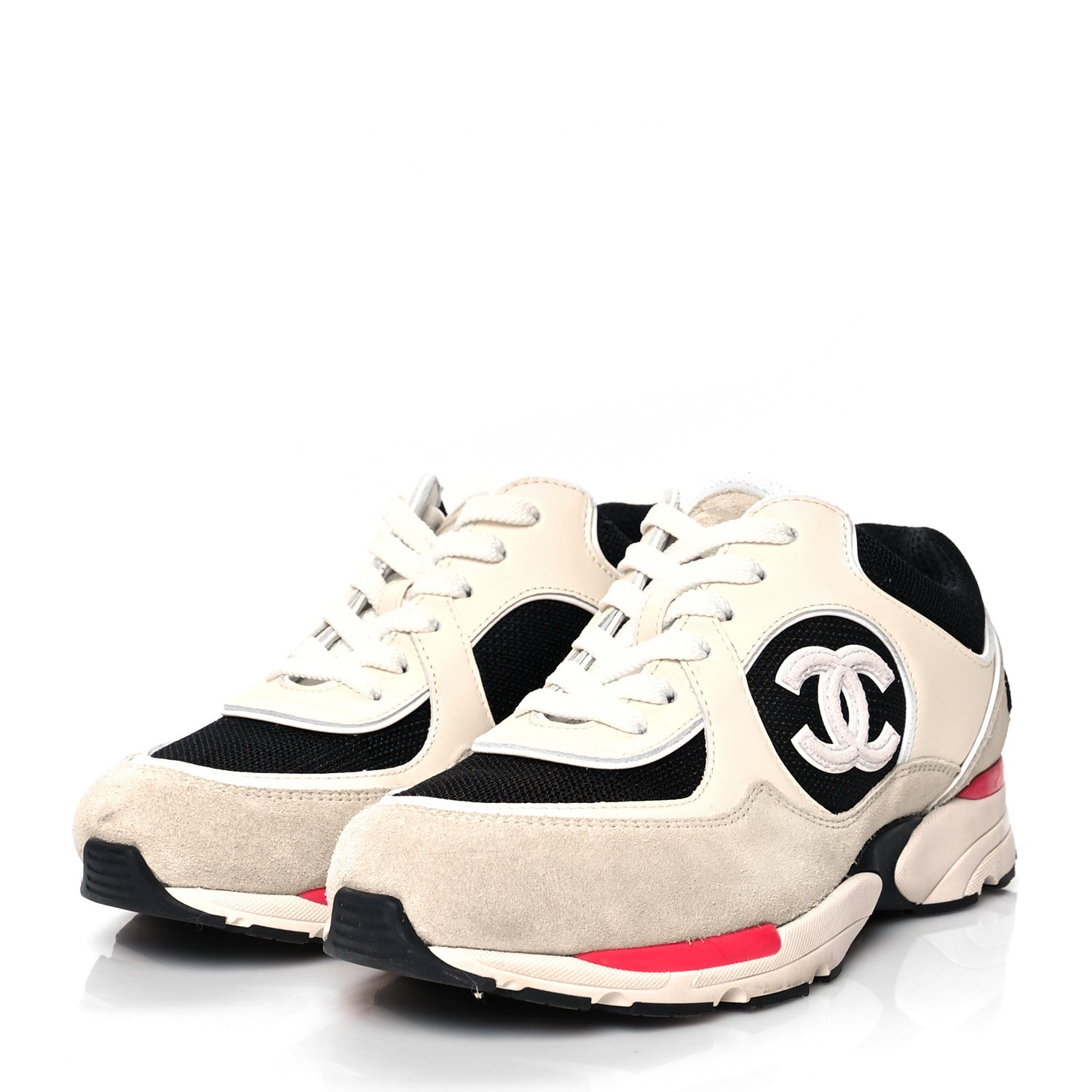 Chanel Mesh Suede Calfskin Womens CC Sneakers 38 White Black Pink 3 of 10