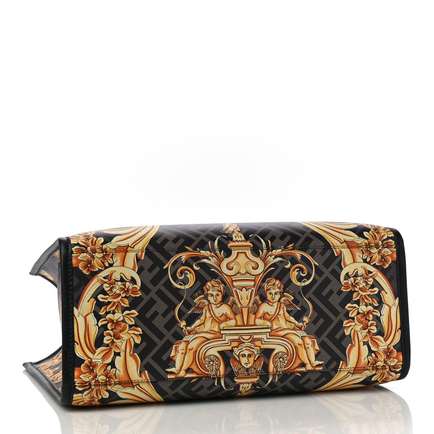 Fendi X VERSACE Calfskin Plexiglass Fendace FF Baroque Print Medium Fendi Sunshine Shopper Tote Black Gold 4 of 10