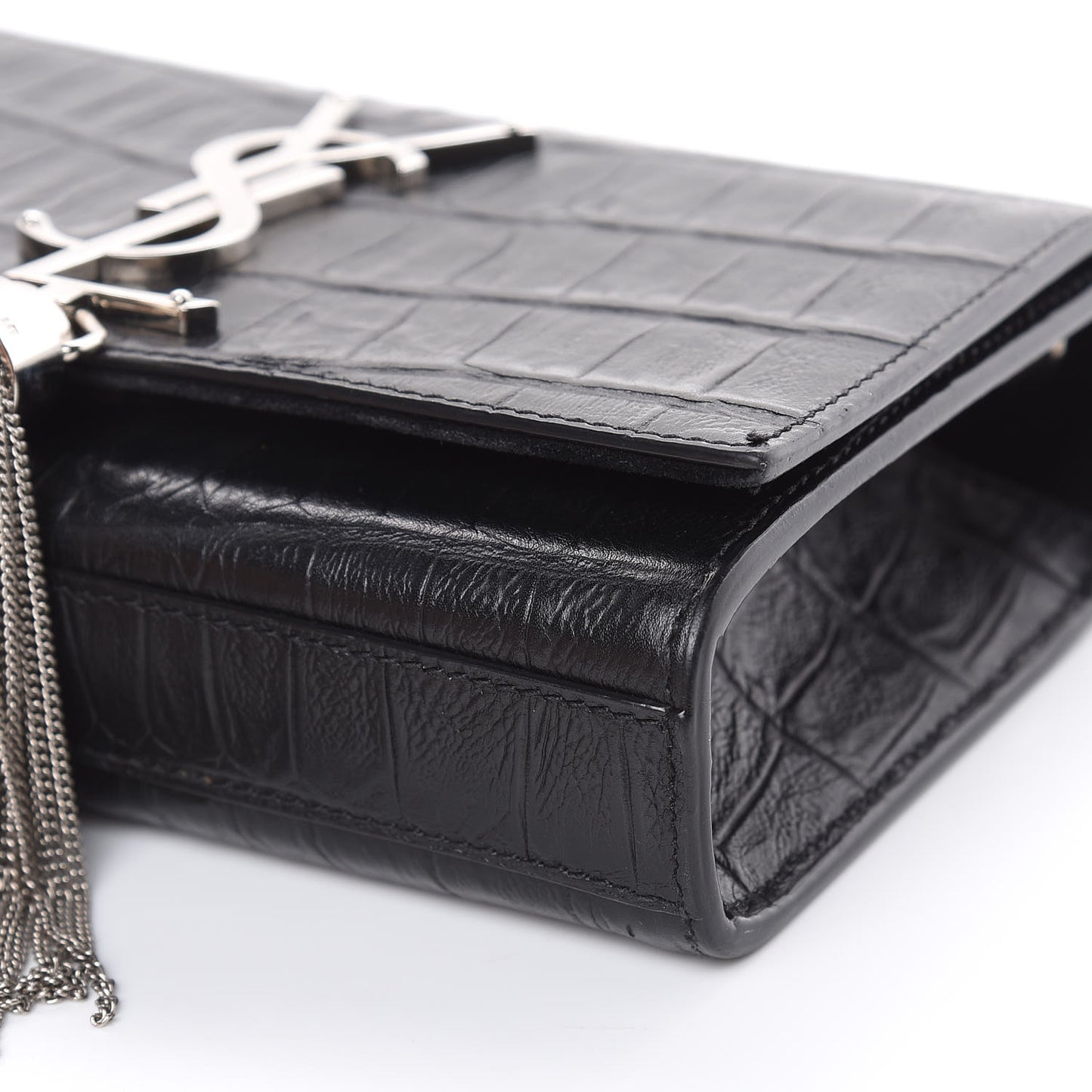 Calfskin Crocodile Embossed Monogram Small Kate Tassel Satchel Black