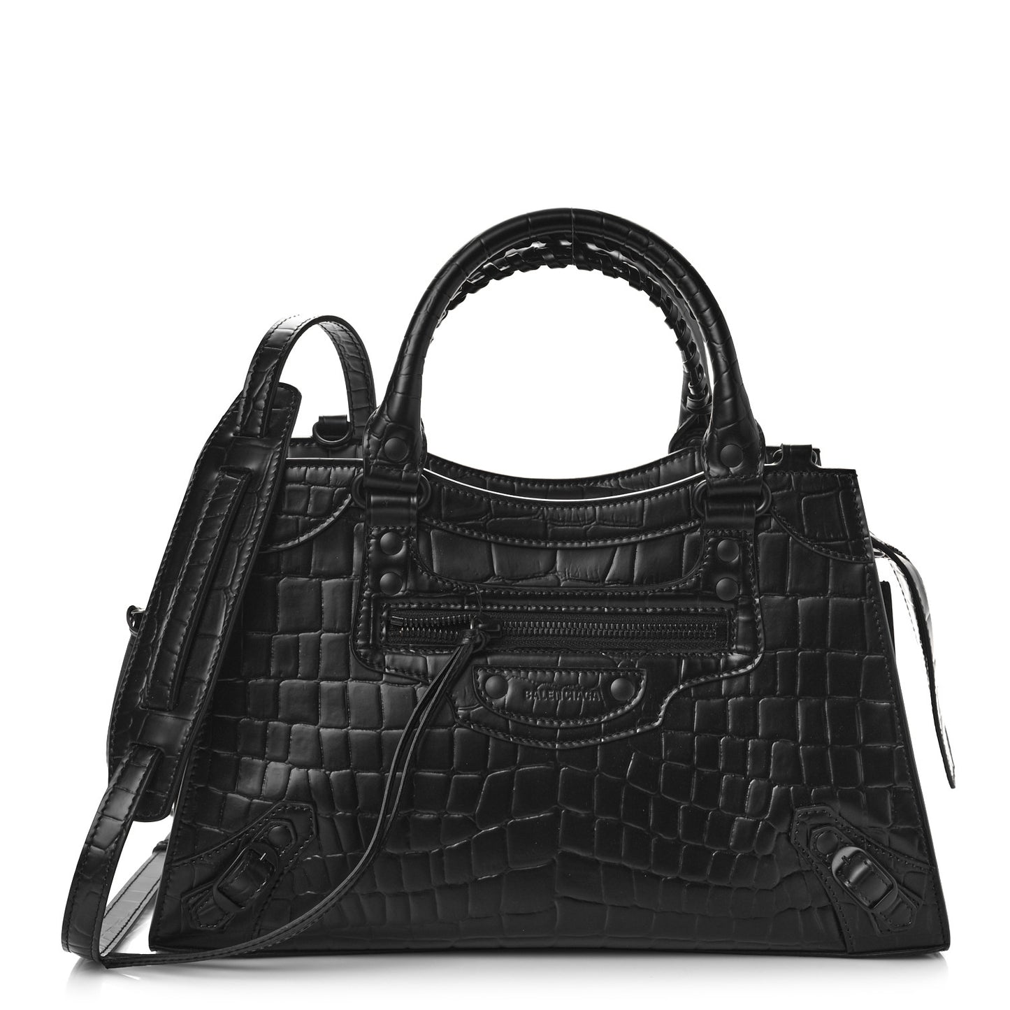 Semi Shiny Calfskin Crocodile Embossed Neo Classic Black Hardware S City Black