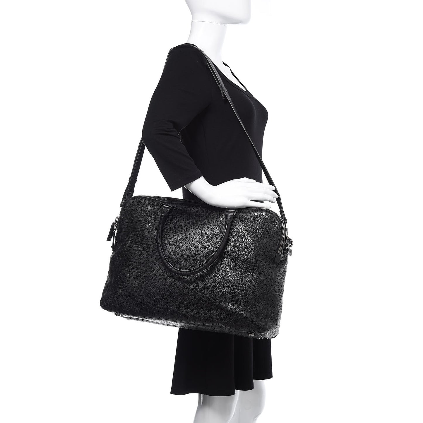 Calfskin Perforated Rockstud Large Travel Briefcase Black