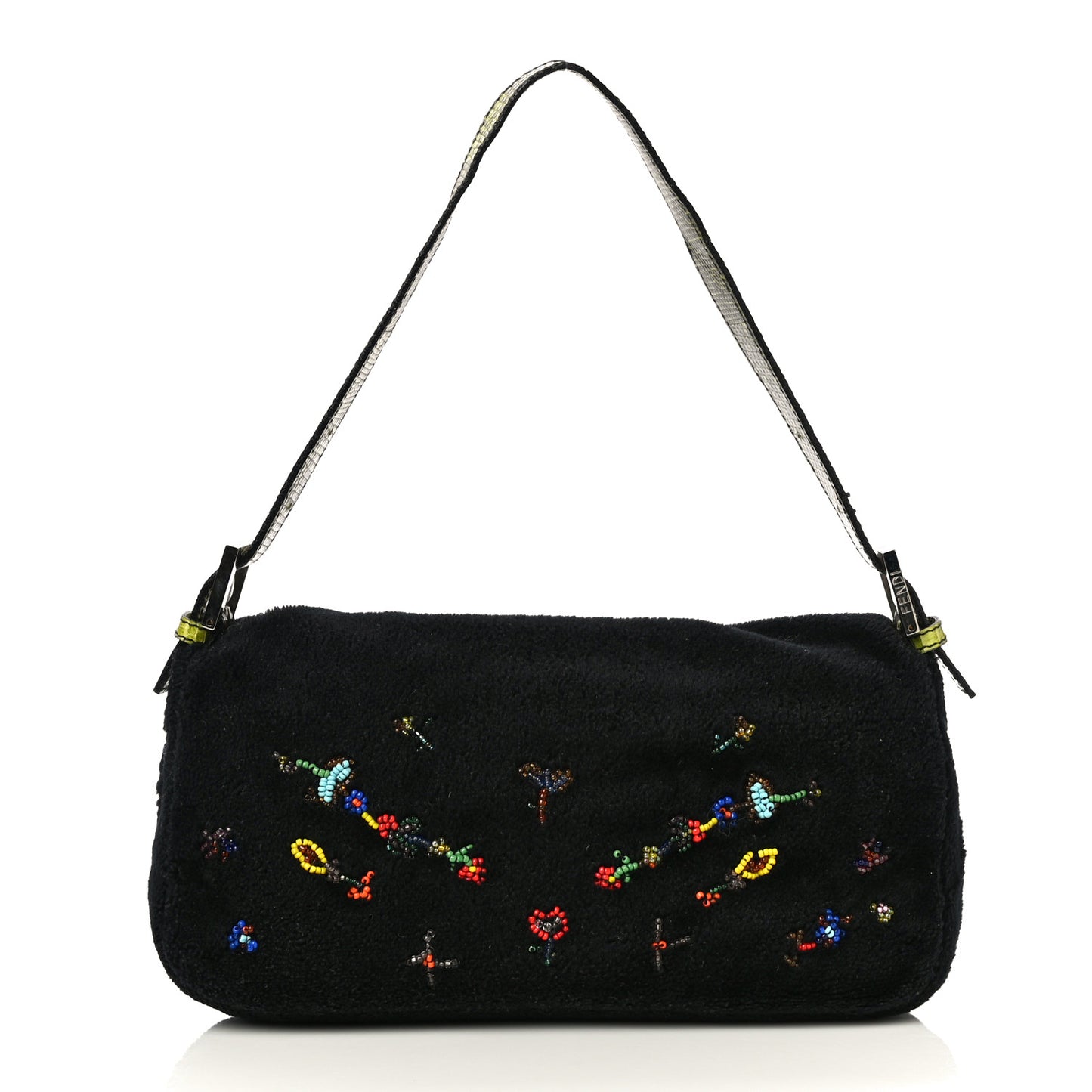 Shearling Lizard Beaded Baguette Black Green Multicolor