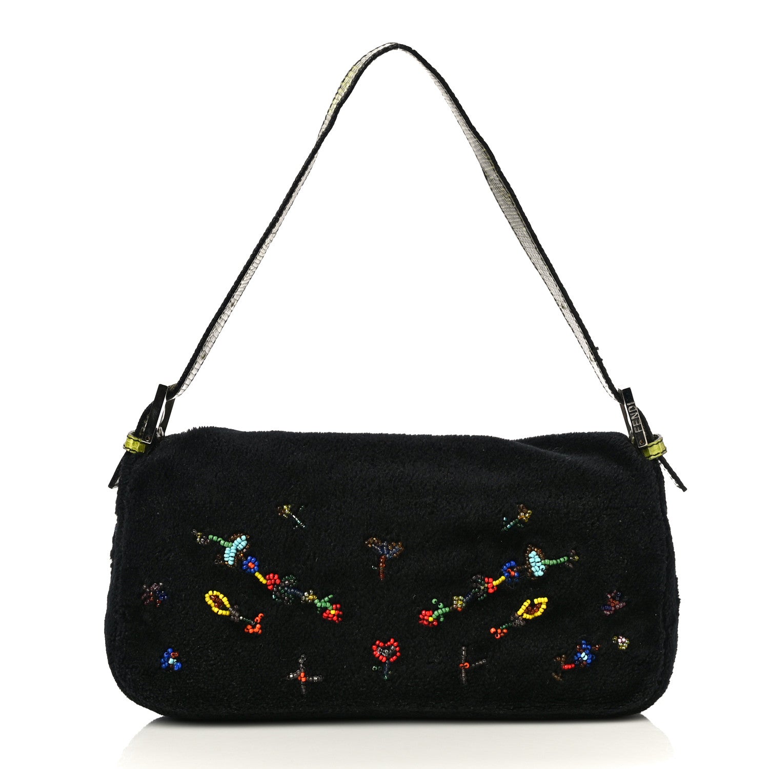Fendi Shearling Lizard Beaded Baguette Black Green Multicolor 4 of 14