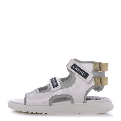 Chanel Goatskin Fabric Gladiator Sandals 40 Grey Navy Blue 1 of 10