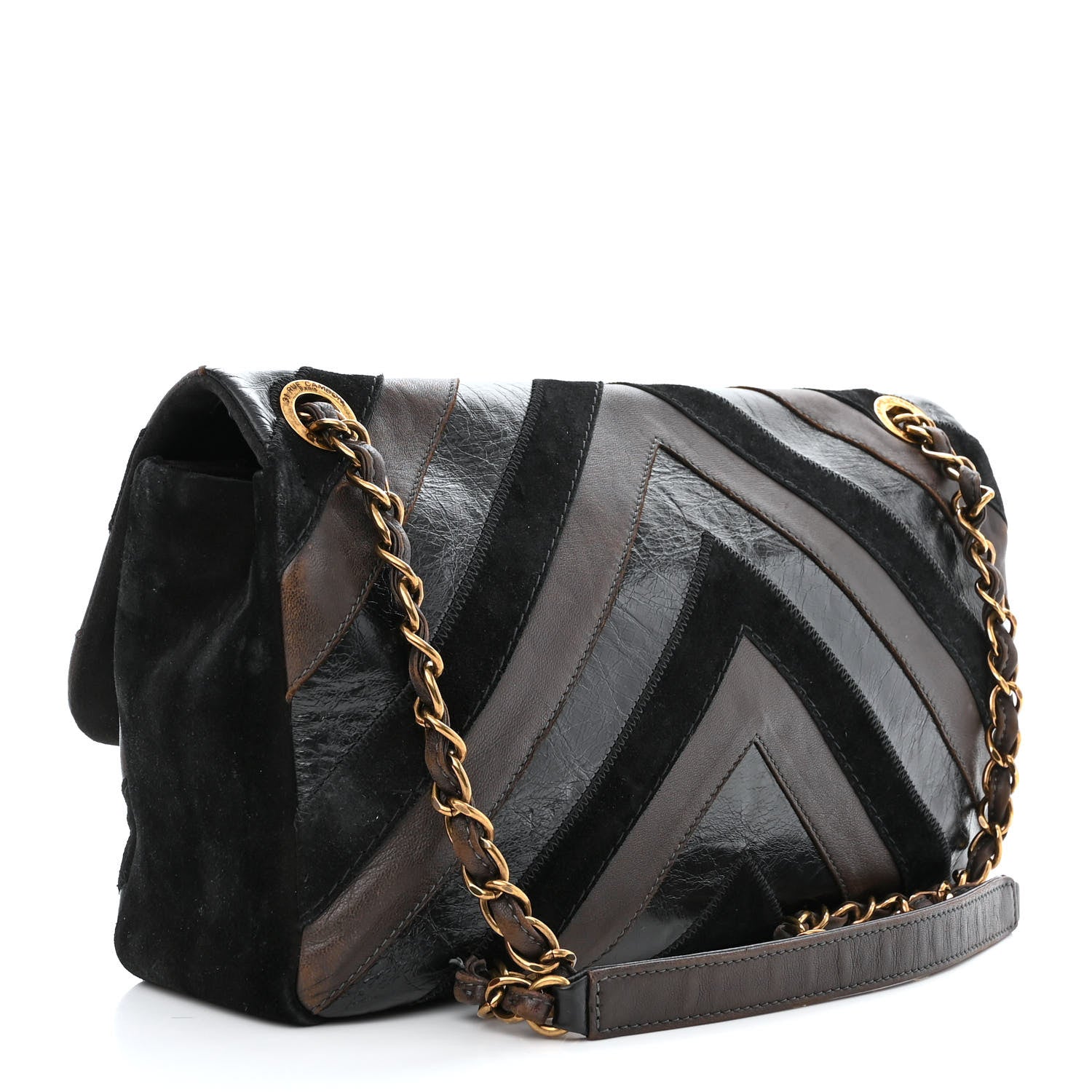 Chanel Suede Lambskin Glazed Calfskin Lady Vintage Chevron Flap Black Brown 3 of 11