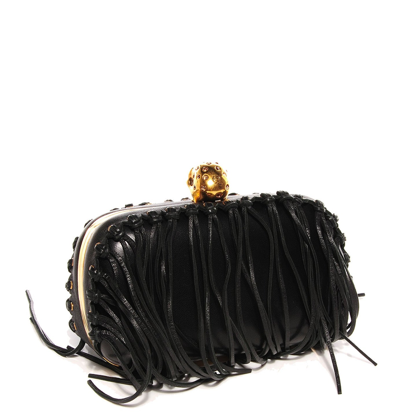 Leather Fringe Crystal Skull Box Clutch Black