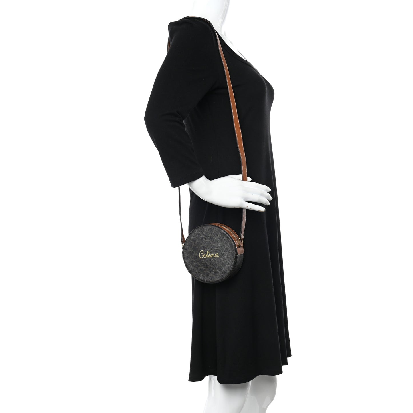 Triomphe Canvas Embroidered Logo Round Purse On Strap Black Tan