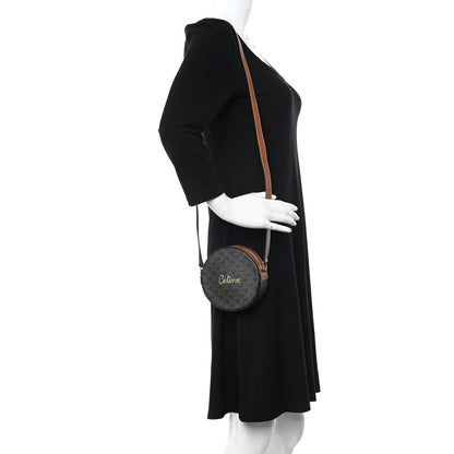 Celine Triomphe Canvas Embroidered Logo Round Purse On Strap Black Tan 2 of 10