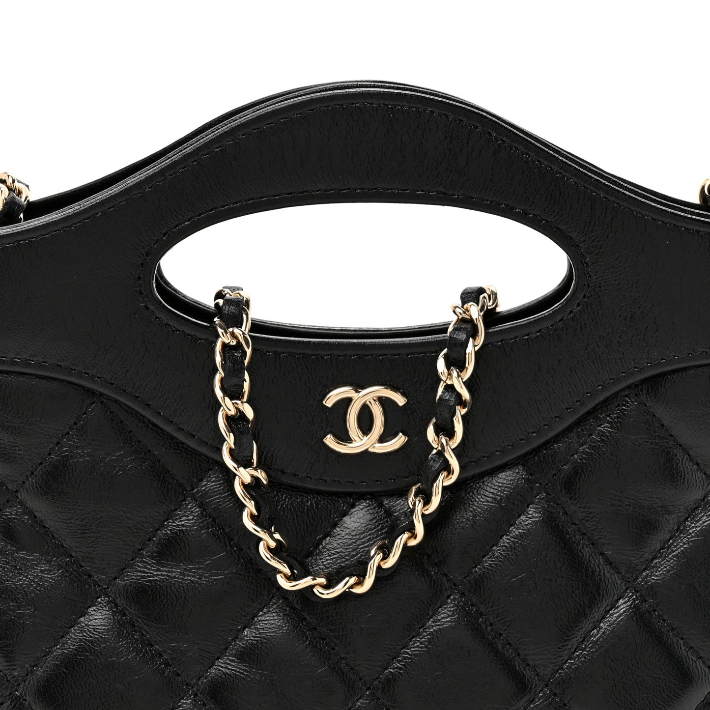 Shiny Crumpled Calfskin Quilted Nano 31 Shopping Bag Black