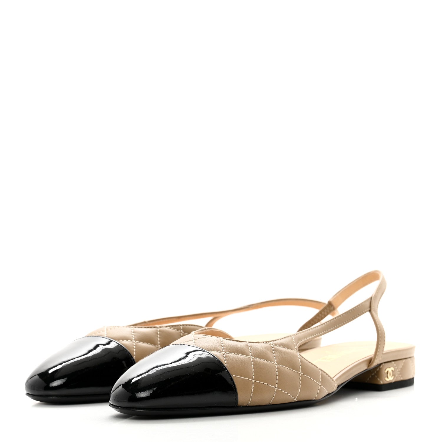 Chanel Lambskin Patent Cap Toe CC Slingback Flats 38.5 Beige Black 3 of 9