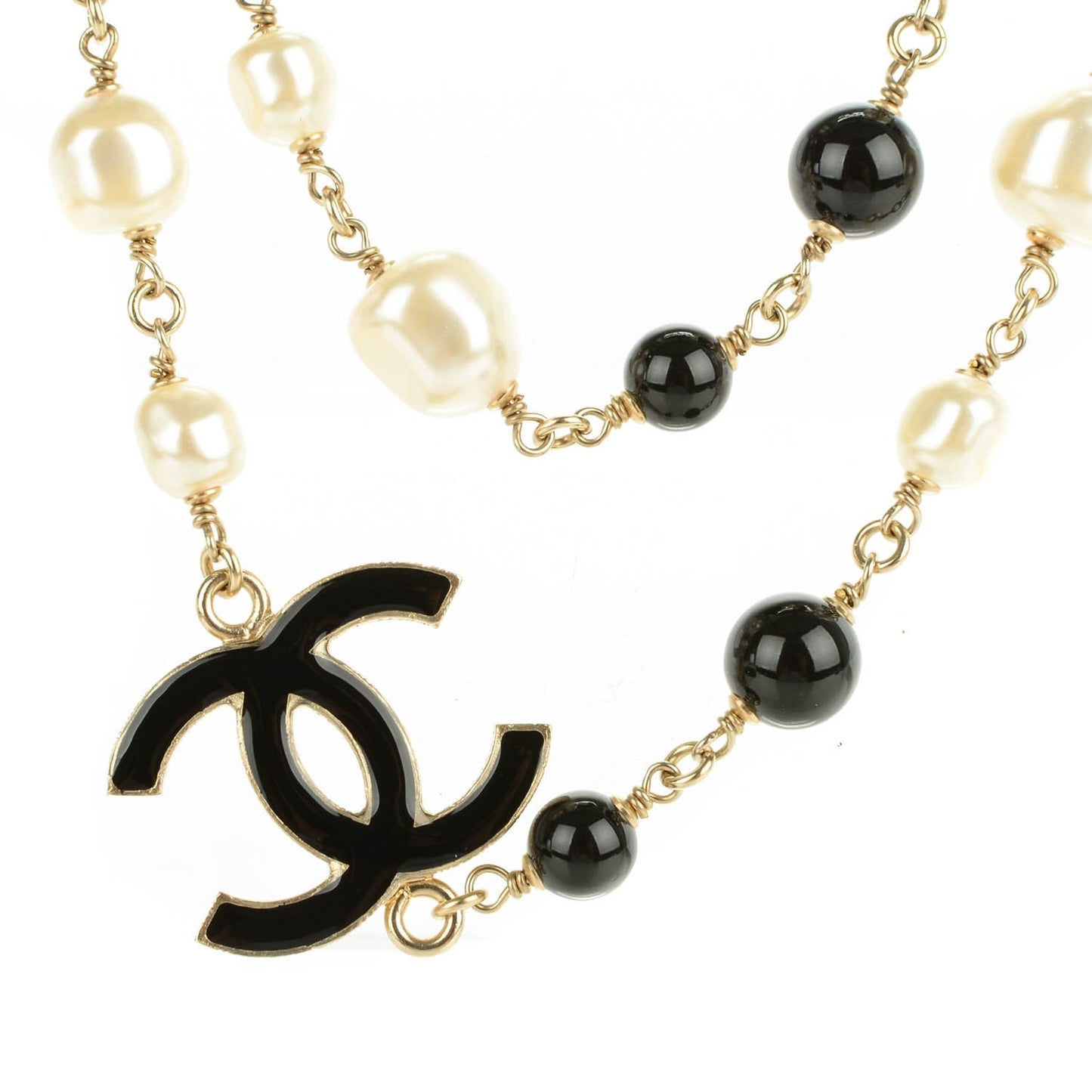 Pearl Bead Enamel CC Long Necklace Black Gold