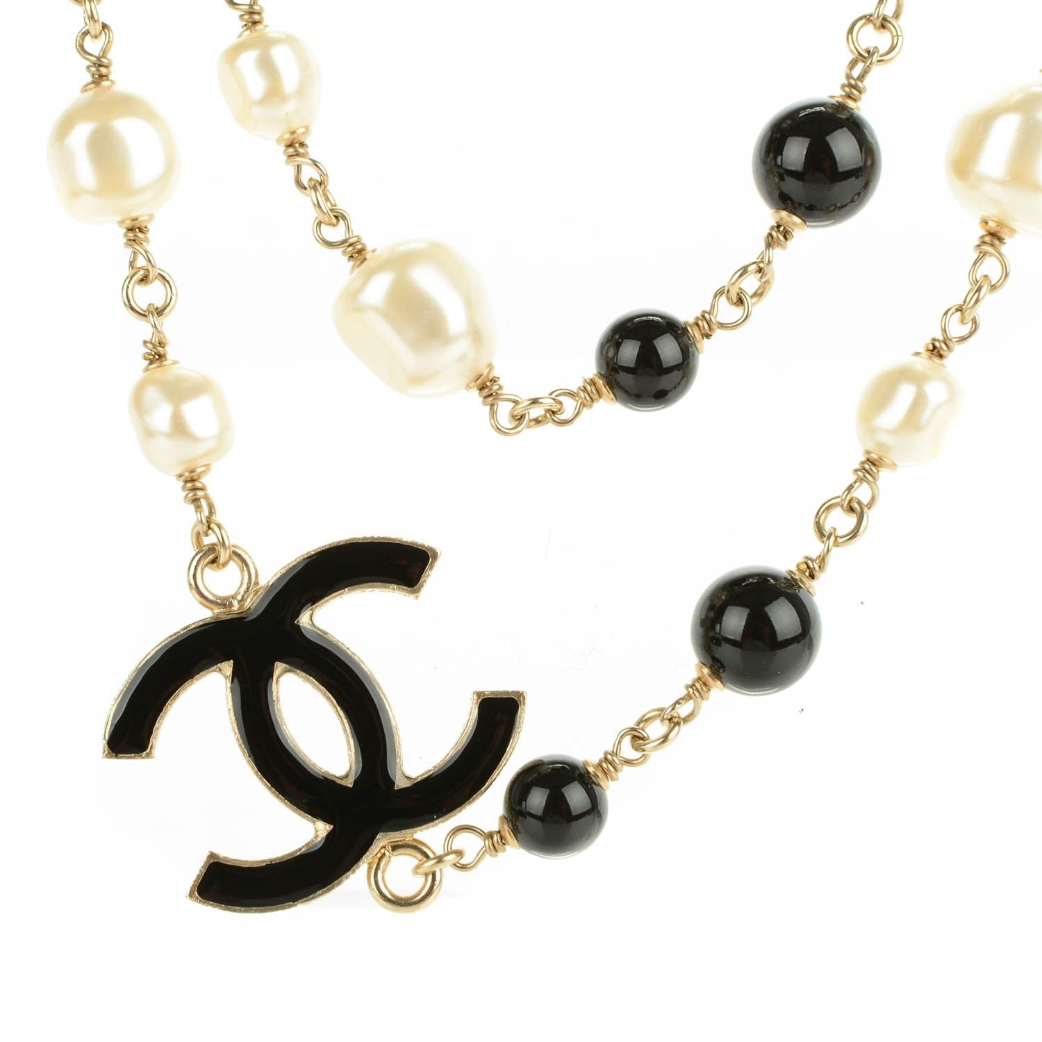 Chanel Pearl Bead Enamel CC Long Necklace Black Gold 3 of 7