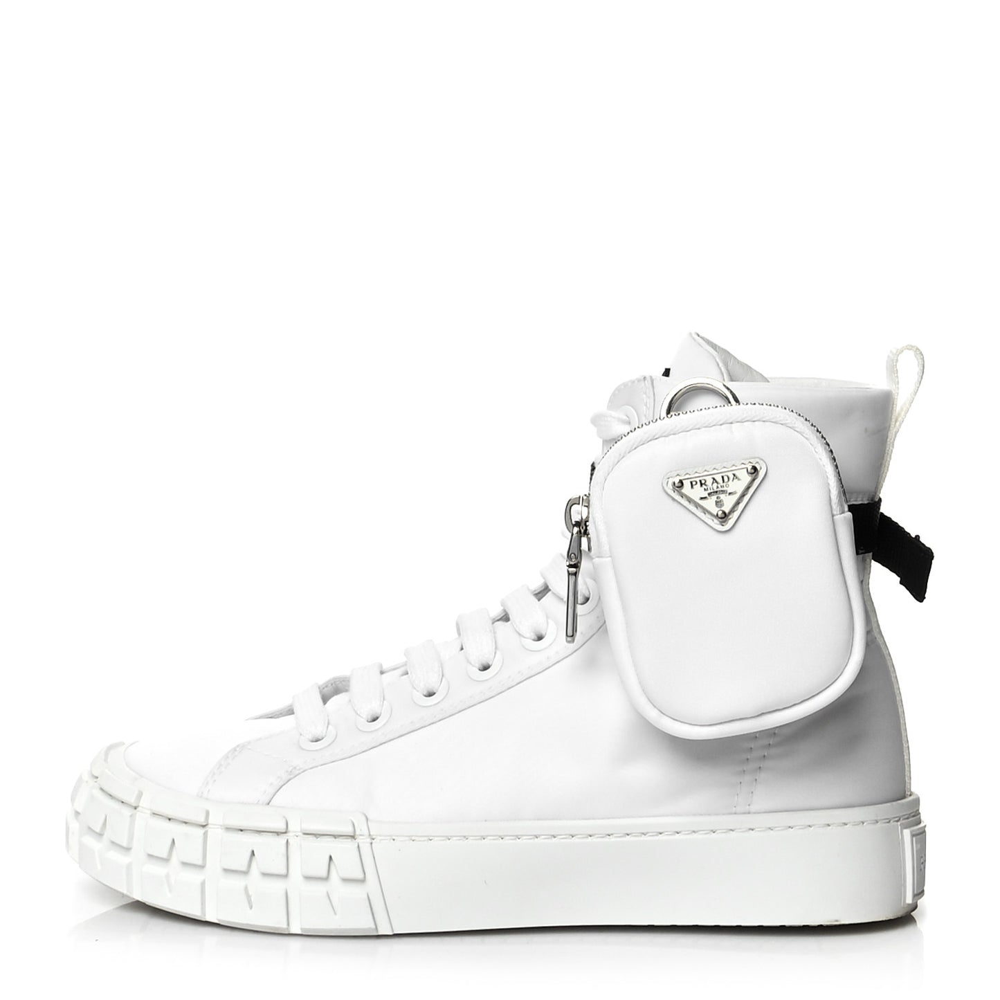 Re-Nylon Gabardine Metal Triangle Logo Wheel Pouch Pocket High Top Sneakers 38.5 White