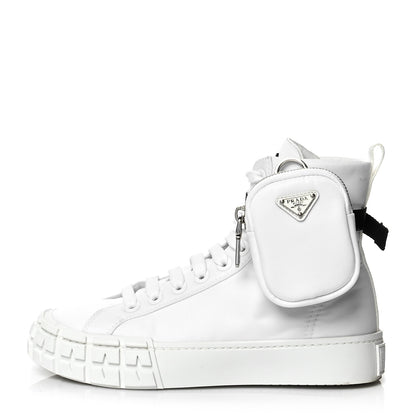 Prada Re-Nylon Gabardine Metal Triangle Logo Wheel Pouch Pocket High Top Sneakers 38.5 White 1 of 8