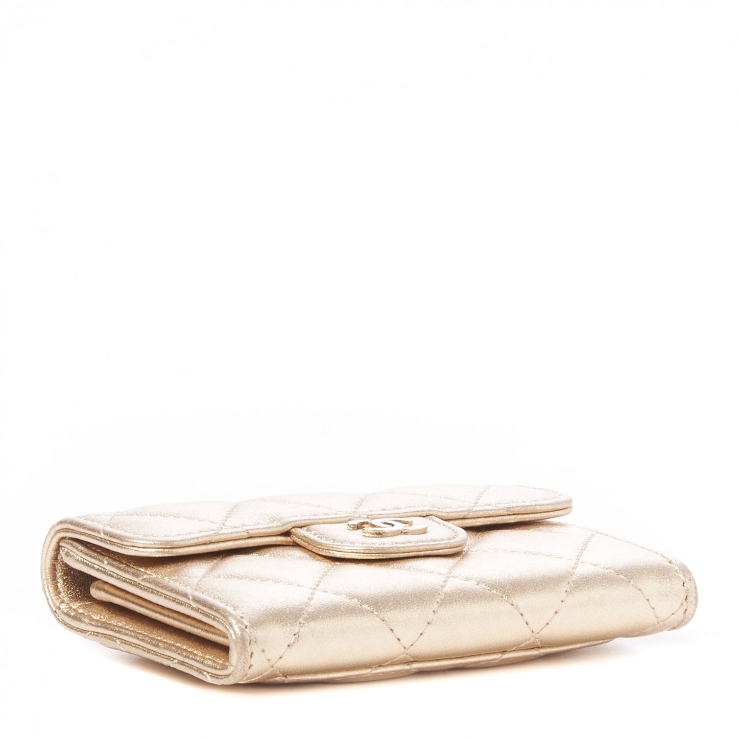 Metallic Lambskin Quilted Flap Card Holder Wallet Gold