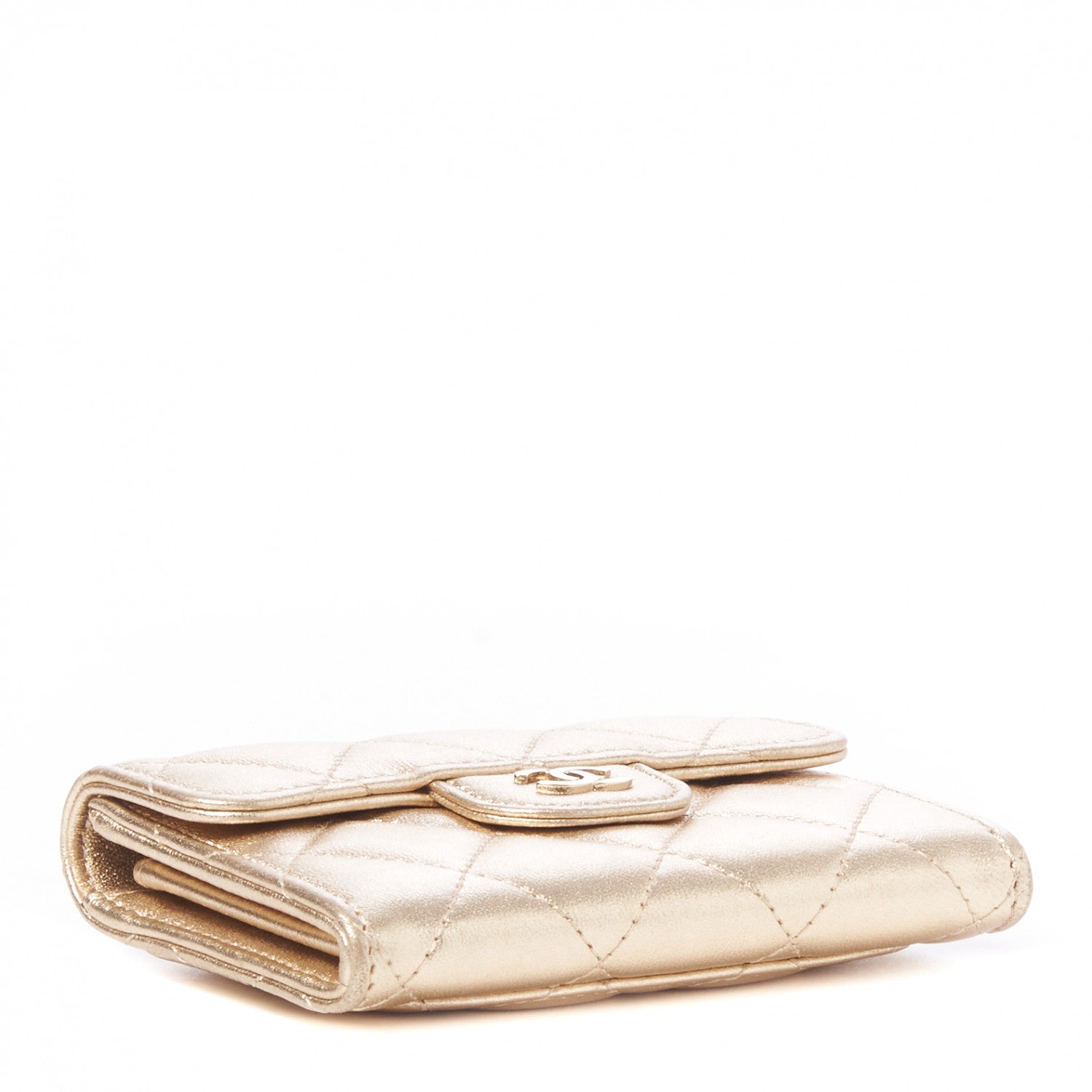 Chanel Metallic Lambskin Quilted Flap Card Holder Wallet Gold 3 of 8