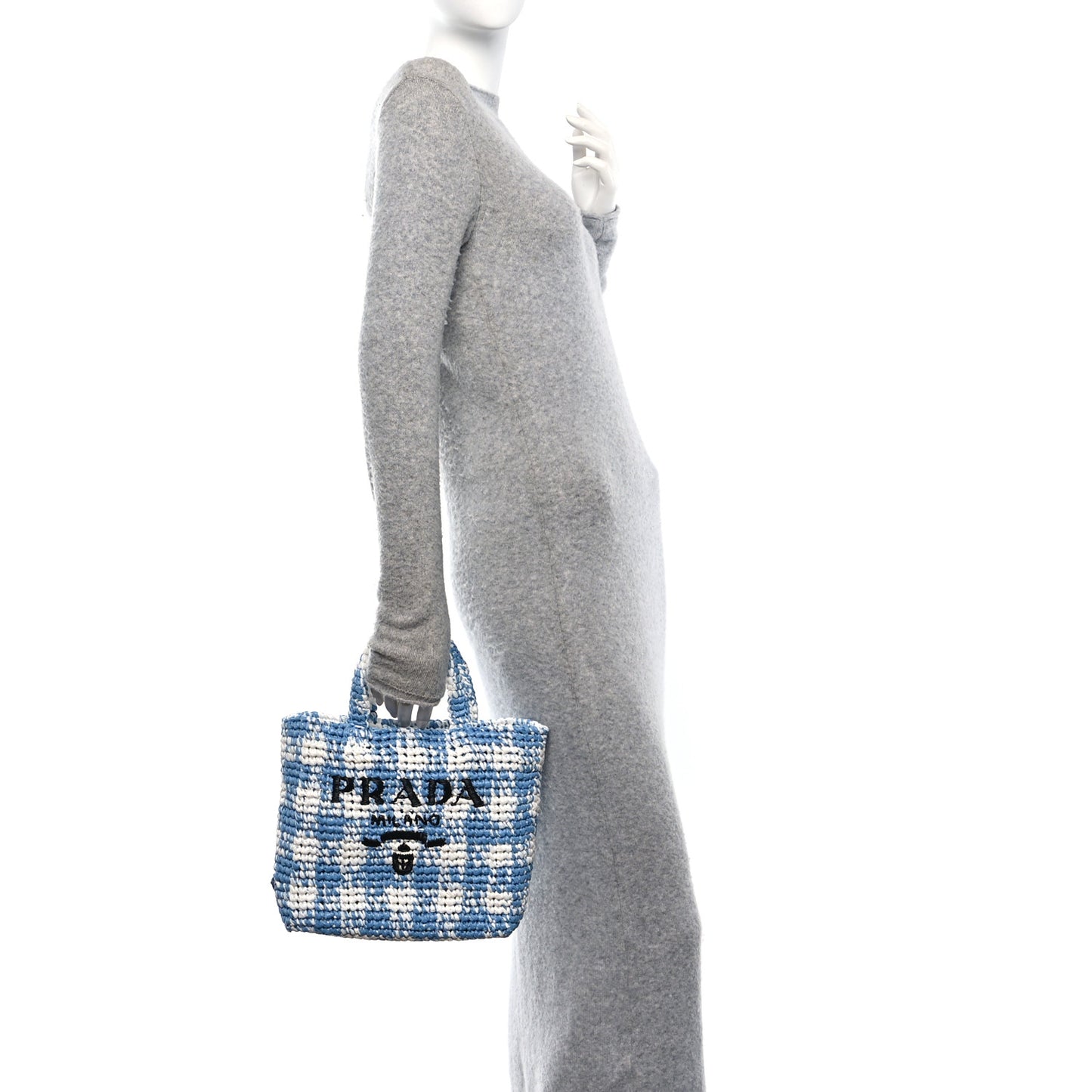 Yarn Raffia Effect Crochet Embroidered Small Logo Tote Celeste