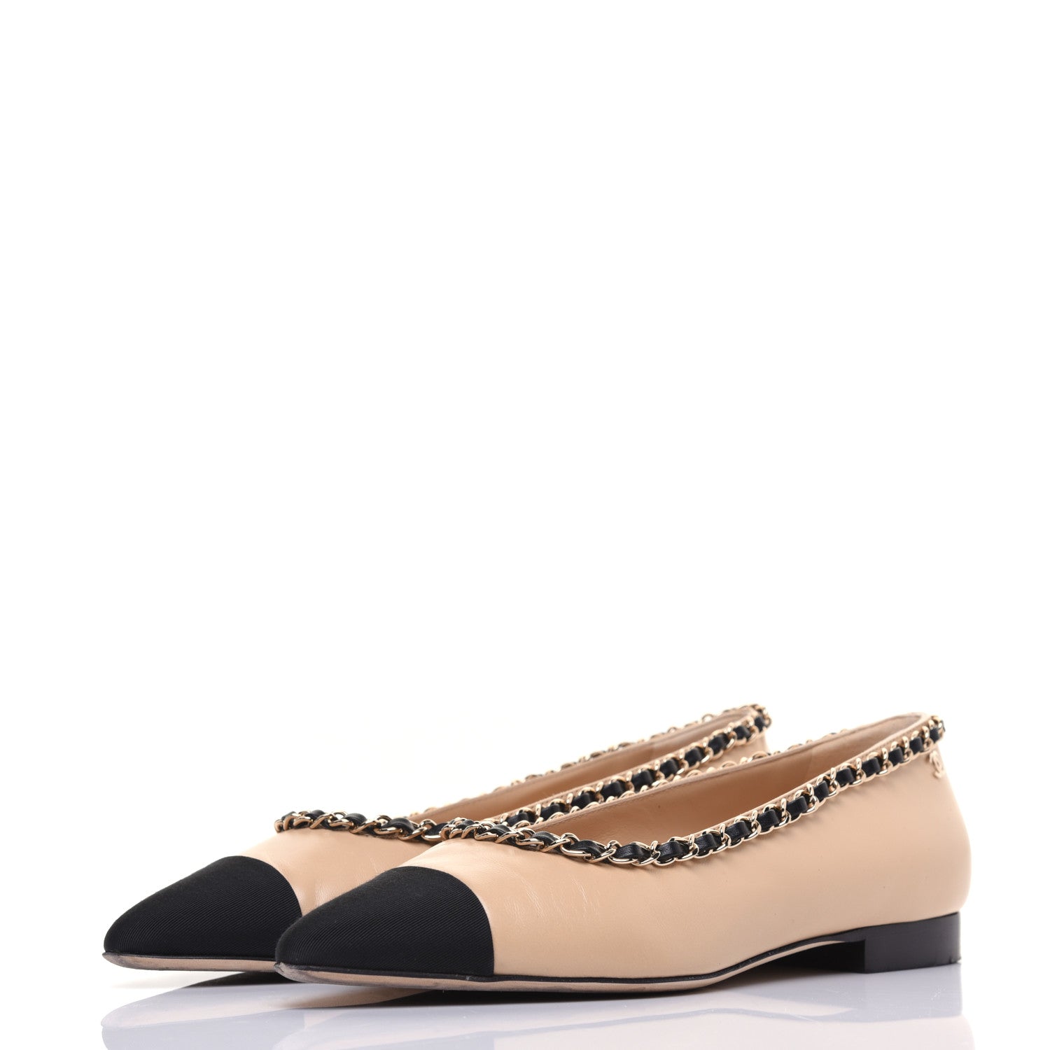 Chanel Lambskin Grosgrain Chain Cap Toe Flats 36 Beige Black 3 of 15
