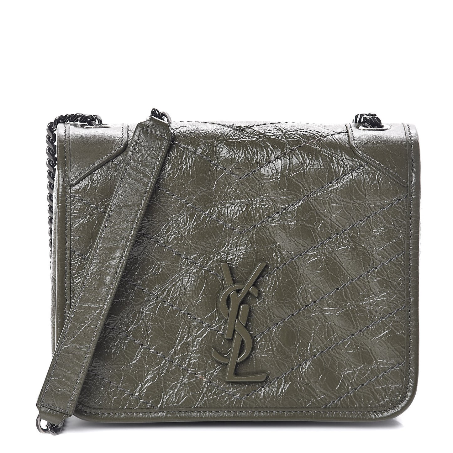 Crinkled Calfskin Matelasse Monogram Niki Chain Wallet Khaki Militaire