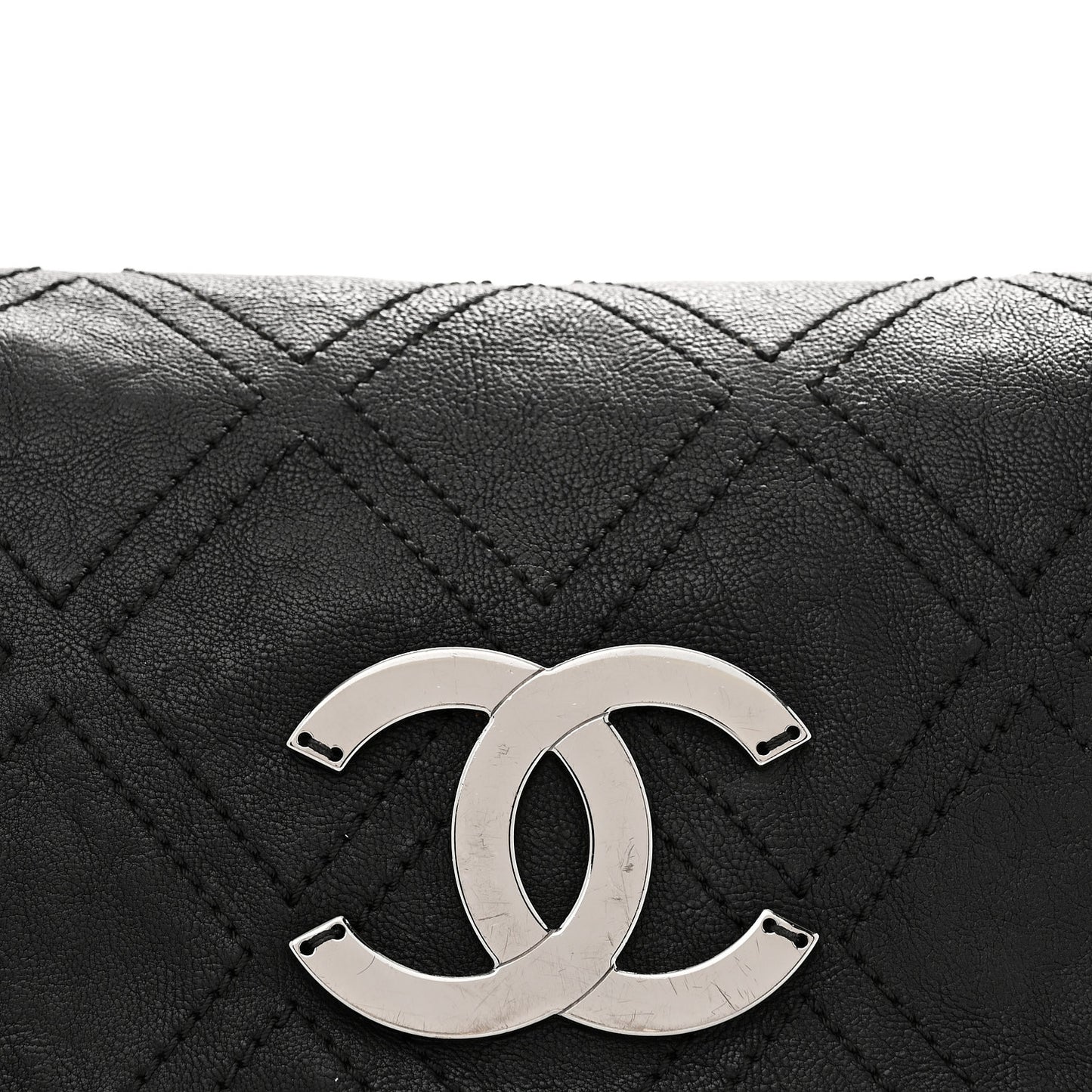 Calfskin Diamond Stitch Accordion Flap Black