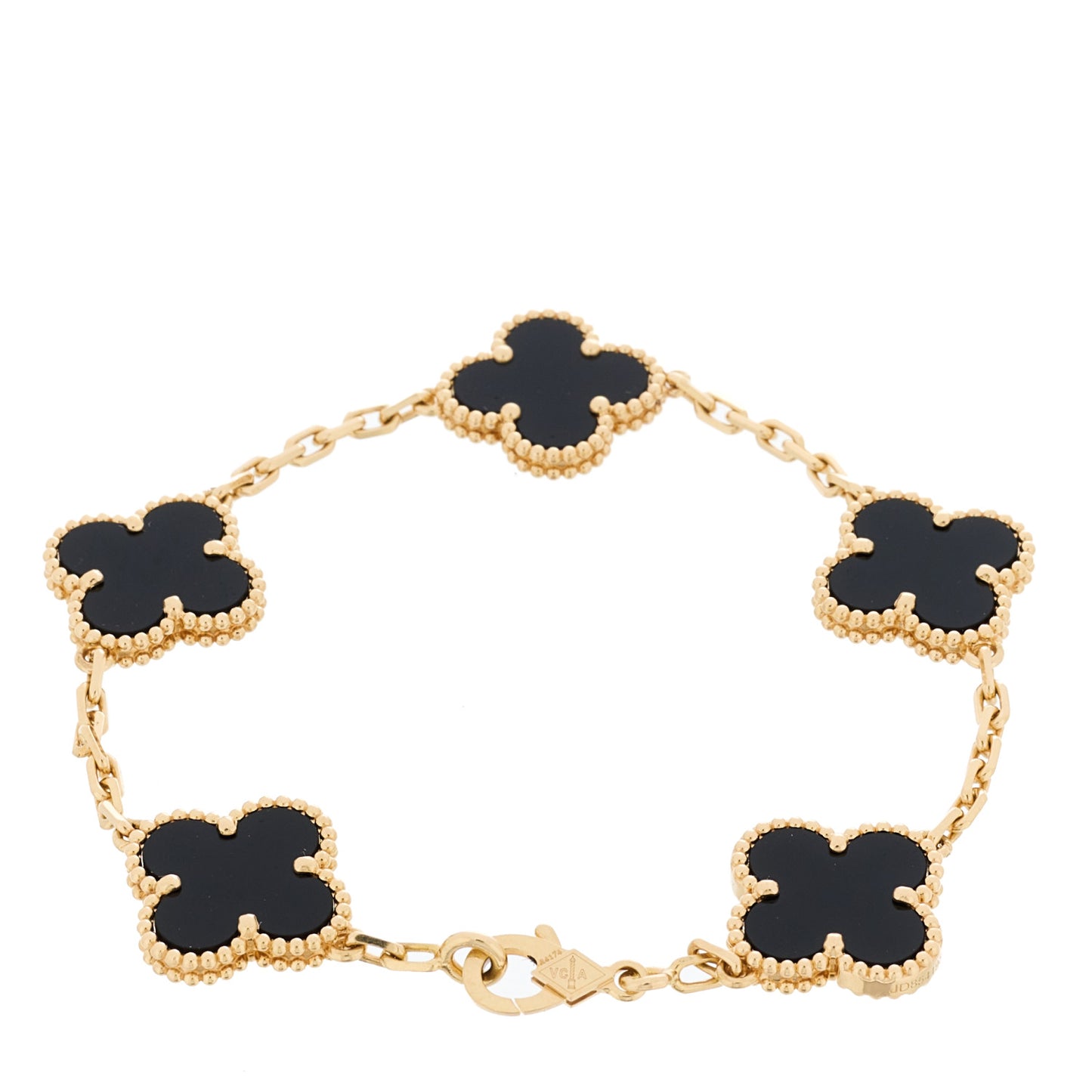 18K Yellow Gold Black Onyx 5 Motifs Vintage Alhambra Bracelet