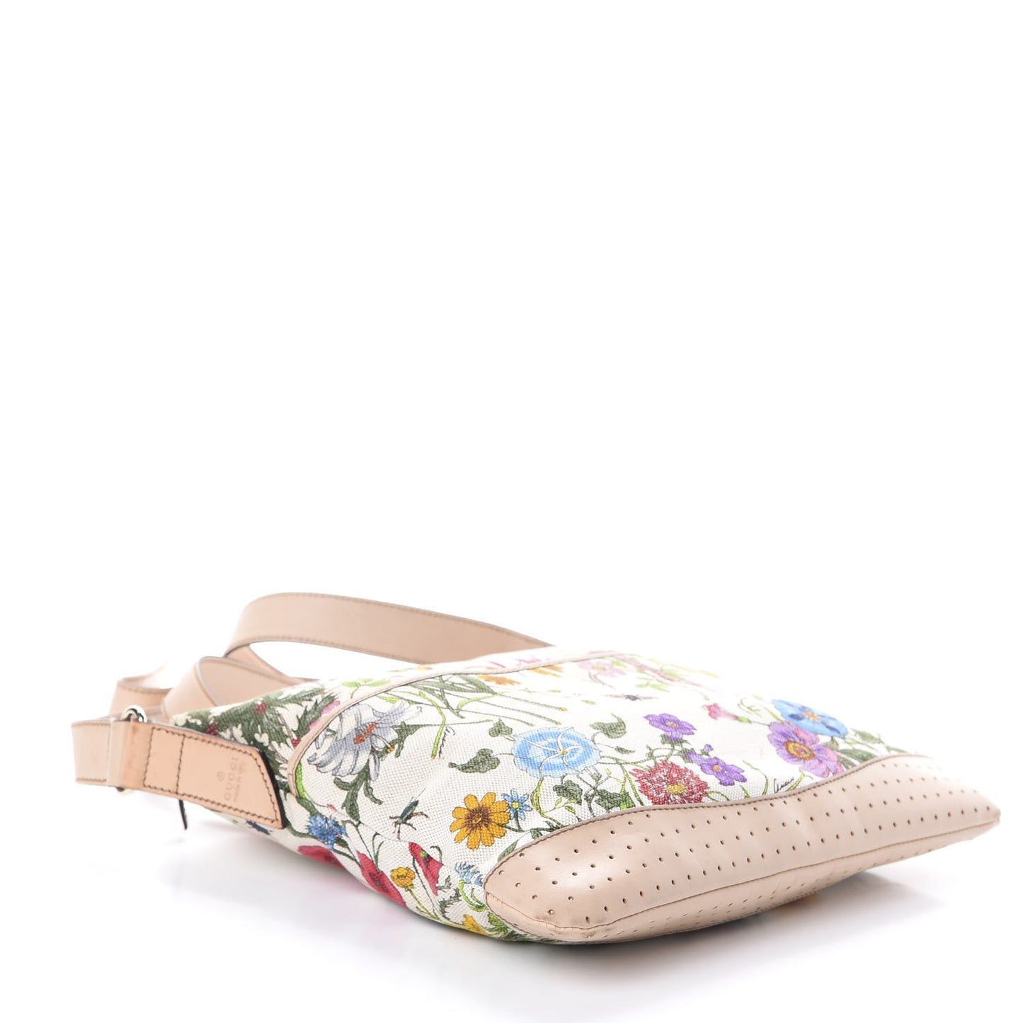 Canvas Calfskin Flora Perforated Medium Flat Messenger Bag White