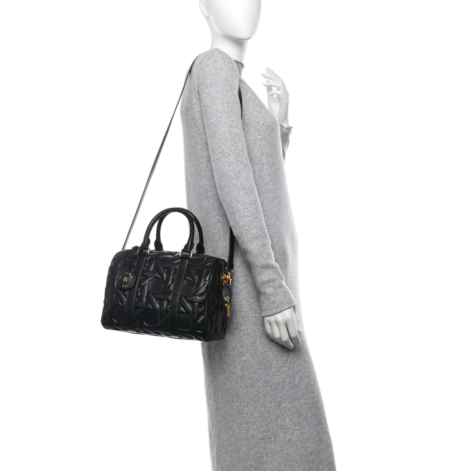 Christian Dior Calfskin Embossed Graphic Cannage Groove 25 Bag Black 2 of 10
