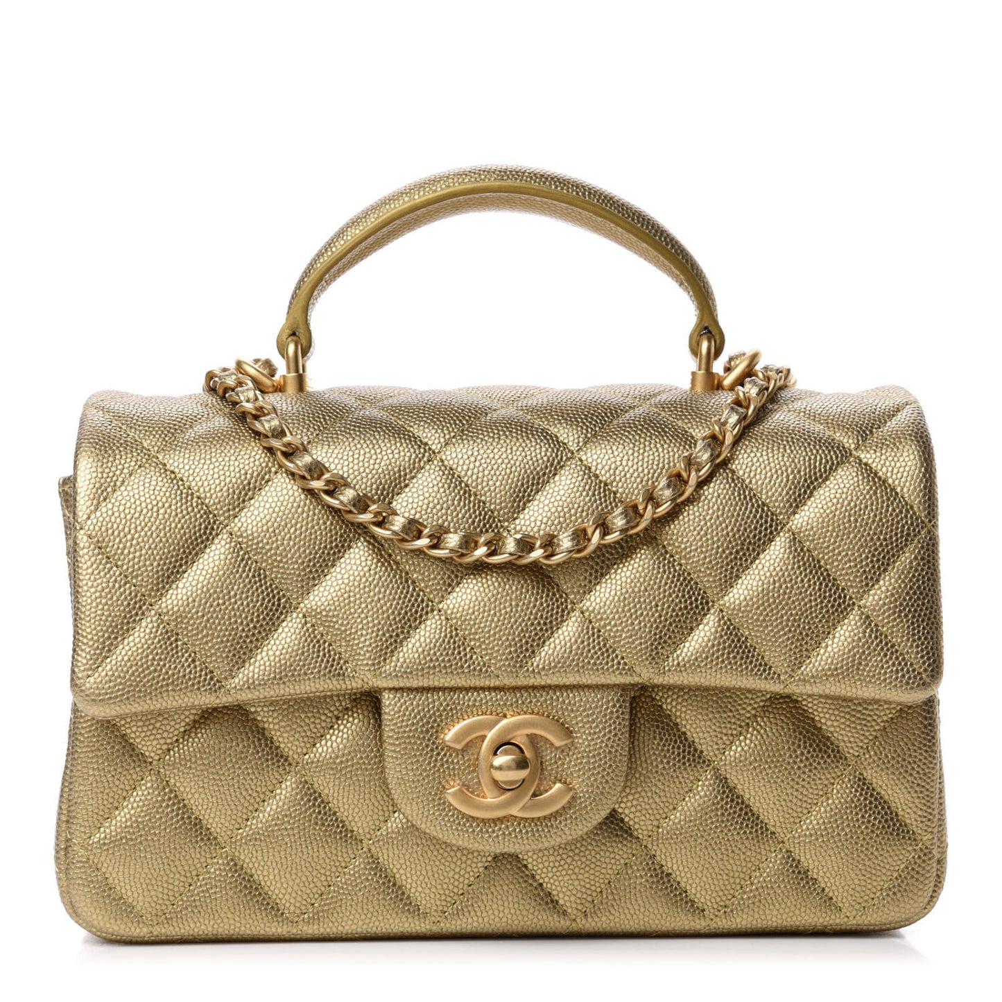 Metallic Caviar Quilted Mini Top Handle Rectangular Flap Gold