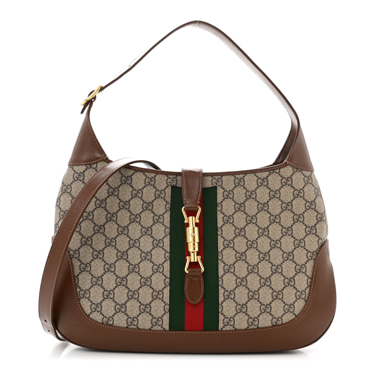 Gucci GG Supreme Monogram Azalea Calfskin Web Medium Jackie 1961 Hobo Beige Ebony Brown Sugar 1 of 11