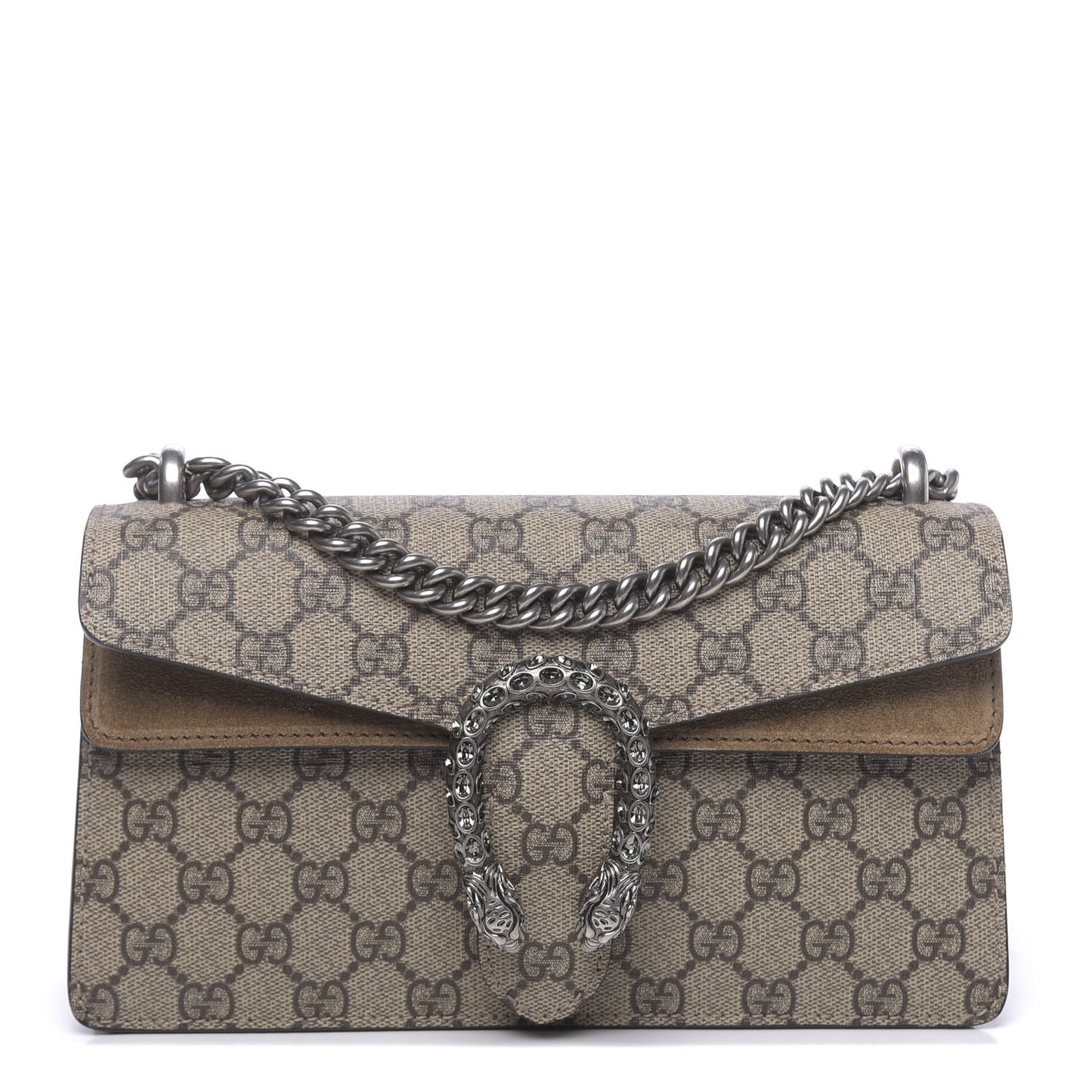 GG Supreme Monogram Suede Crystal Small Dionysus Shoulder Bag Beige Ebony Taupe