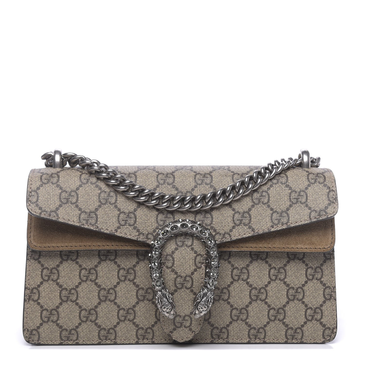 Gucci GG Supreme Monogram Suede Crystal Small Dionysus Shoulder Bag Beige Ebony Taupe 1 of 10