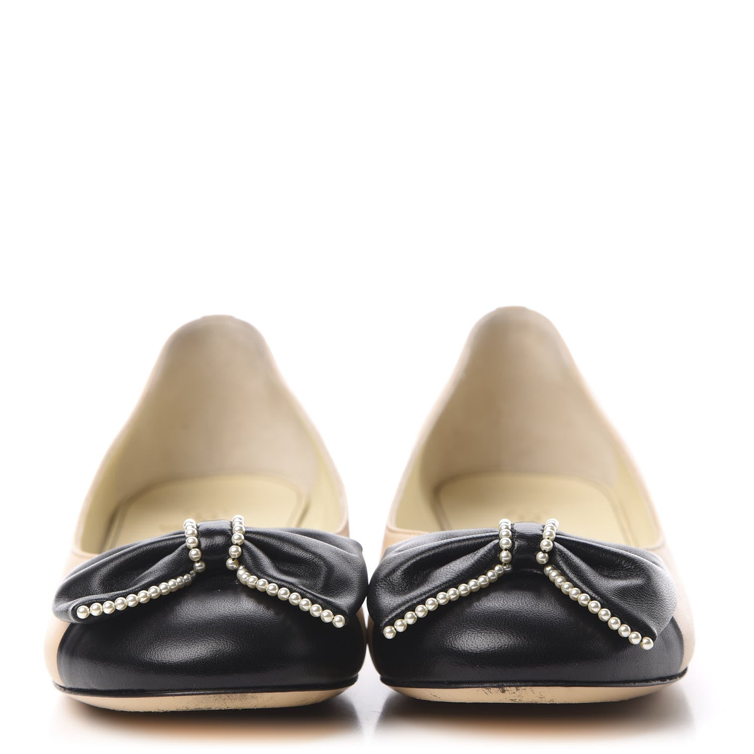 Chanel Lambskin Pearl Bow Ballerina Flats 37 Beige Black 2 of 14