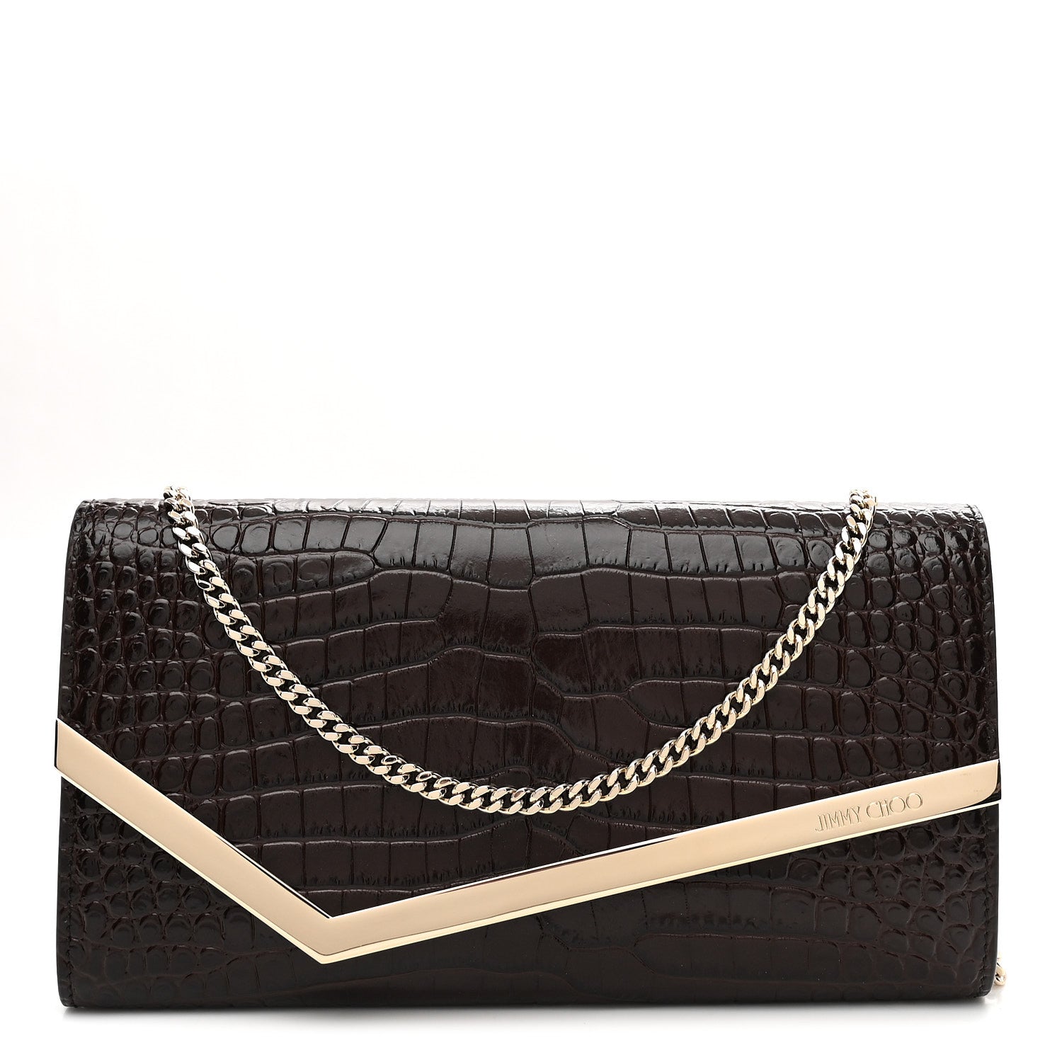 Jimmy Choo Calfskin Crocodile Embossed Emmie Clutch Bag Chocolate 1 of 10