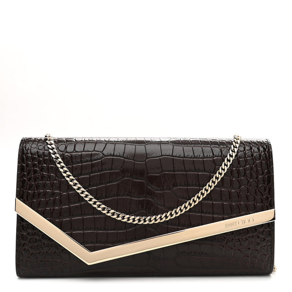 Jimmy Choo Calfskin Crocodile Embossed Emmie Clutch Bag Chocolate