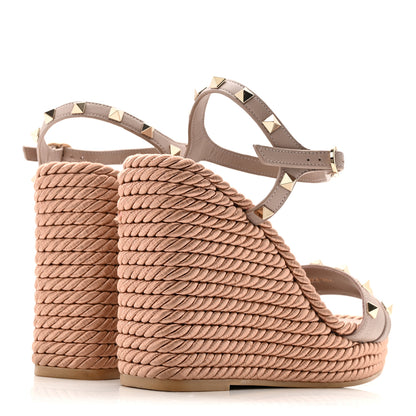 Valentino Garavani Silk Calfskin Rockstud Torchon Espadrille Wedge Sandals 38.5 Poudre 5 of 13