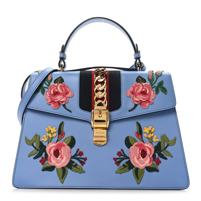 Gucci Calfskin Embroidered Medium Sylvie Top Handle Bag Clear Sky Blue 1 of 11