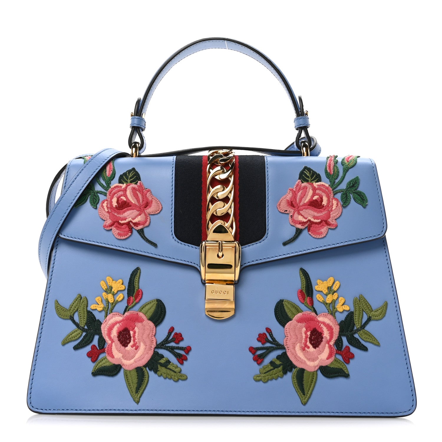 Gucci Calfskin Embroidered Medium Sylvie Top Handle Bag Clear Sky Blue 1 of 11